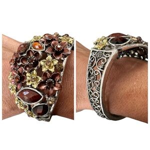 Amber Gemstone Floral Enamel Silver Filigree Cuff Statement Bracelet Chunky C…